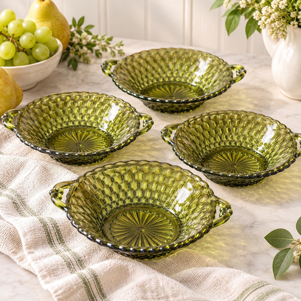 Vintage Green Pressed Glass Bowls Set of 4 Diamond Point Scalloped Edge Handles